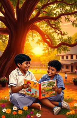 A heartwarming scene depicting two Sri Lankan school boys sitting together under a large, leafy banyan tree during the golden hours of a sunset