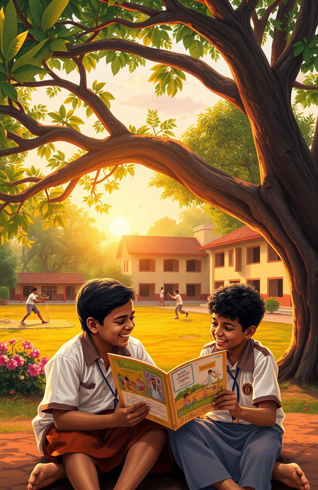 A heartwarming scene depicting two Sri Lankan school boys sitting together under a large, leafy banyan tree during the golden hours of a sunset