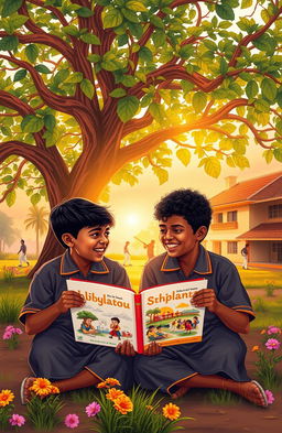 A heartwarming scene depicting two Sri Lankan school boys sitting together under a large, leafy banyan tree during the golden hours of a sunset