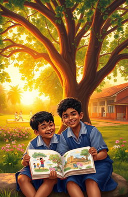 A heartwarming scene depicting two Sri Lankan school boys sitting together under a large, leafy banyan tree during the golden hours of a sunset