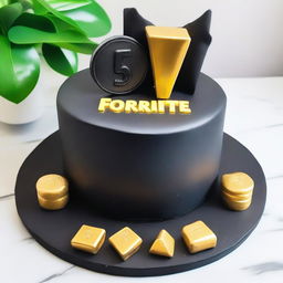 A minimalistic, black Fortnite-inspired birthday cake