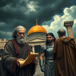 A dramatic scene depicting betrayal in the kingdom of Israel, under a dark and stormy sky over the grand palace of Jerusalem, symbolizing internal turmoil