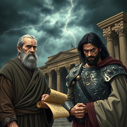 A dramatic scene depicting betrayal in the kingdom of Israel, under a dark and stormy sky over the grand palace of Jerusalem, symbolizing internal turmoil
