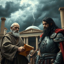 A dramatic scene depicting betrayal in the kingdom of Israel, under a dark and stormy sky over the grand palace of Jerusalem, symbolizing internal turmoil