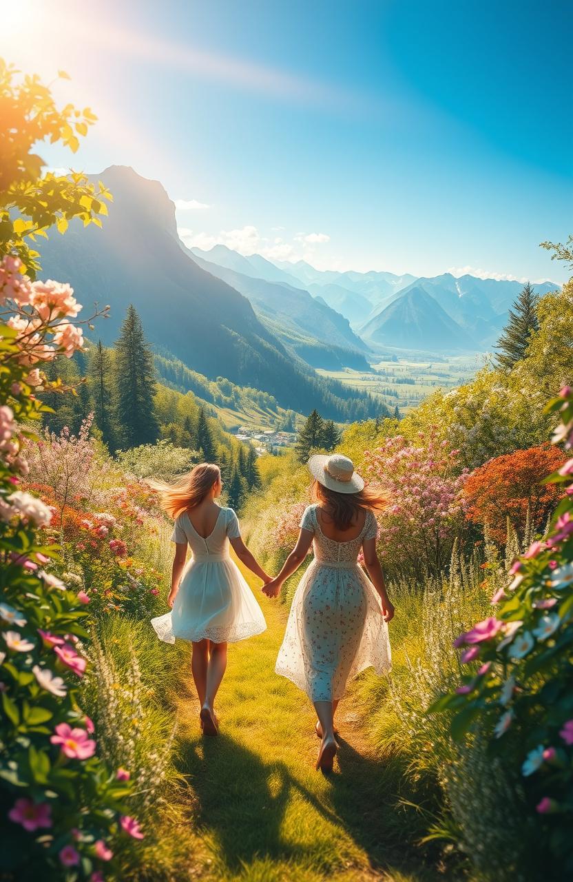 An artistic representation of a serene and enchanting journey in search of true love, featuring a couple gracefully walking hand in hand through a lush, vibrant forest filled with blooming flowers and soft, dappled sunlight