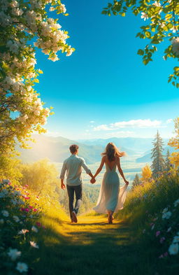 An artistic representation of a serene and enchanting journey in search of true love, featuring a couple gracefully walking hand in hand through a lush, vibrant forest filled with blooming flowers and soft, dappled sunlight