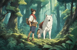 Studio Ghibli-style poster of Princess Mononoke featuring Ashitaka, San, the Forest Spirit, and the Kodamas in a mystical forest setting