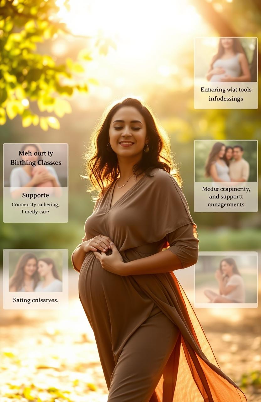 A serene and empowering scene depicting a midwife in a tranquil environment, surrounded by nature