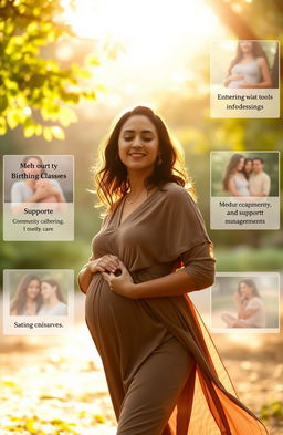 A serene and empowering scene depicting a midwife in a tranquil environment, surrounded by nature