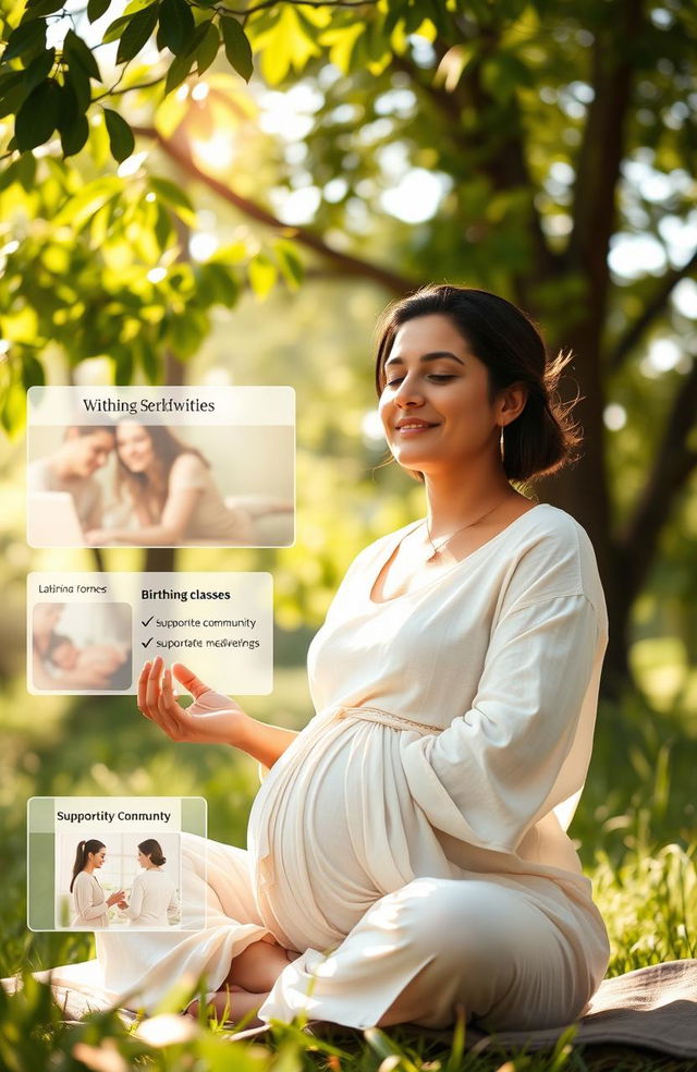 A serene and empowering scene depicting a midwife in a tranquil environment, surrounded by nature