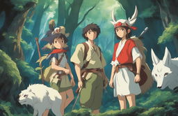 Studio Ghibli-style poster of Princess Mononoke featuring Ashitaka, San, the Forest Spirit, and the Kodamas in a mystical forest setting