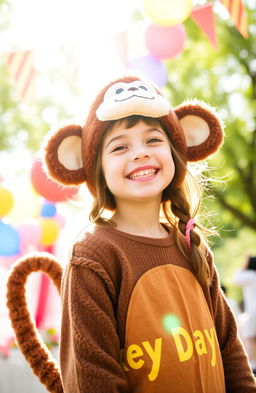 A cheerful girl dressed in a cute monkey costume, complete with furry ears and a tail, celebrating "Monkey Day" with a big smile