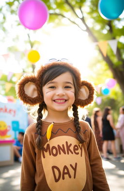 A cheerful girl dressed in a cute monkey costume, complete with furry ears and a tail, celebrating "Monkey Day" with a big smile