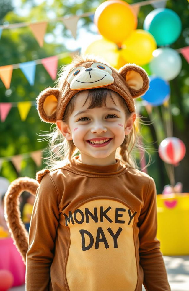 A cheerful girl dressed in a cute monkey costume, complete with furry ears and a tail, celebrating "Monkey Day" with a big smile