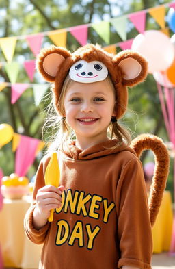 A cheerful girl dressed in a cute monkey costume, complete with furry ears and a tail, celebrating "Monkey Day" with a big smile