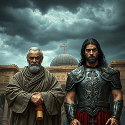 Betrayal in the kingdom of Israel depicted in a dramatic scene under a dark and stormy sky over the palace of Jerusalem, symbolizing the internal turmoil of Ahithophel and Absalom
