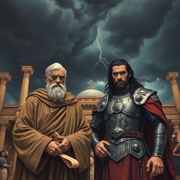 Betrayal in the kingdom of Israel depicted in a dramatic scene under a dark and stormy sky over the palace of Jerusalem, symbolizing the internal turmoil of Ahithophel and Absalom