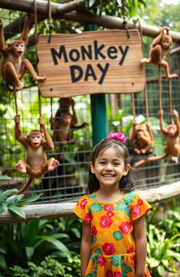 A vibrant scene depicting a young girl happily celebrating "Monkey Day" at the zoo, surrounded by playful monkeys swinging in their enclosures