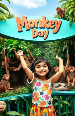 A vibrant scene depicting a young girl happily celebrating "Monkey Day" at the zoo, surrounded by playful monkeys swinging in their enclosures