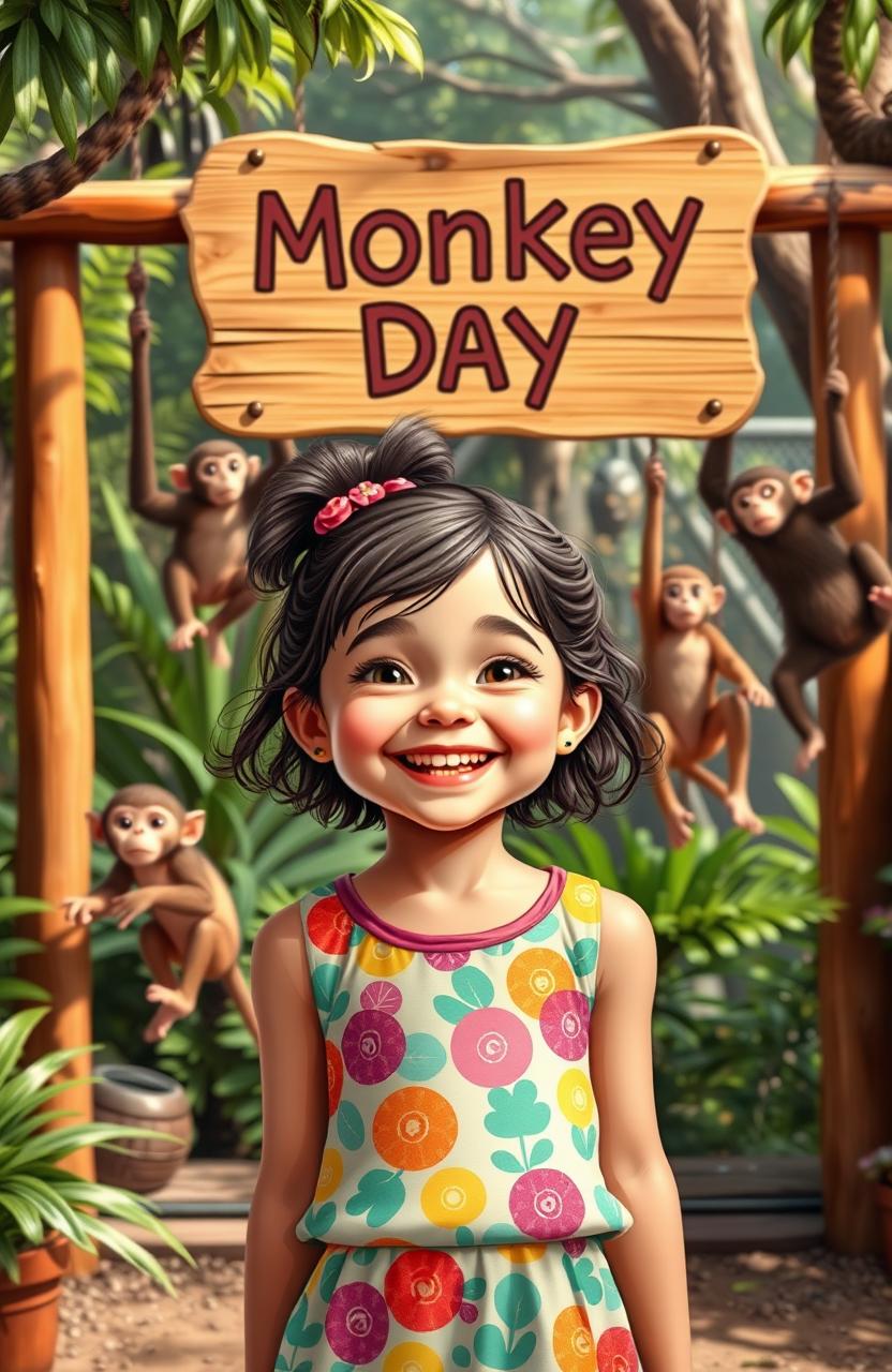 A vibrant scene depicting a young girl happily celebrating "Monkey Day" at the zoo, surrounded by playful monkeys swinging in their enclosures