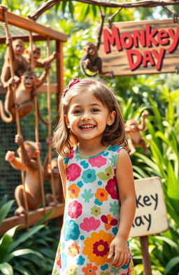 A vibrant scene depicting a young girl happily celebrating "Monkey Day" at the zoo, surrounded by playful monkeys swinging in their enclosures