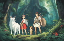 Studio Ghibli-style poster of Princess Mononoke featuring Ashitaka, San, the Forest Spirit, and the Kodamas in a mystical forest setting