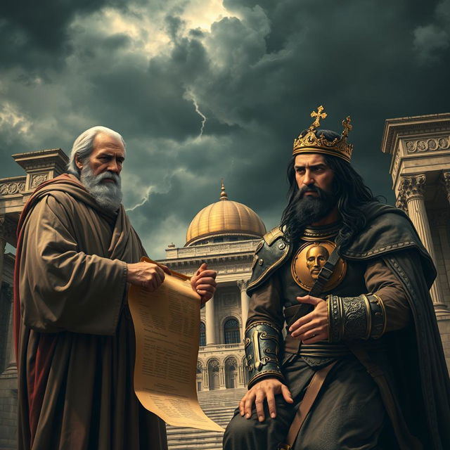 A dramatic scene of betrayal in the kingdom of Israel depicting a dark and stormy sky over the grand palace of Jerusalem, symbolizing internal turmoil