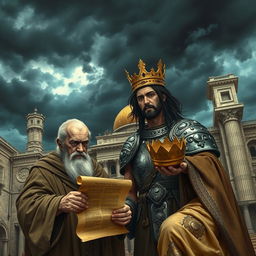 A dramatic scene of betrayal in the kingdom of Israel depicting a dark and stormy sky over the grand palace of Jerusalem, symbolizing internal turmoil