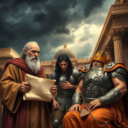 A dramatic scene of betrayal in the kingdom of Israel depicting a dark and stormy sky over the grand palace of Jerusalem, symbolizing internal turmoil