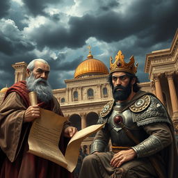 A dramatic scene of betrayal in the kingdom of Israel depicting a dark and stormy sky over the grand palace of Jerusalem, symbolizing internal turmoil