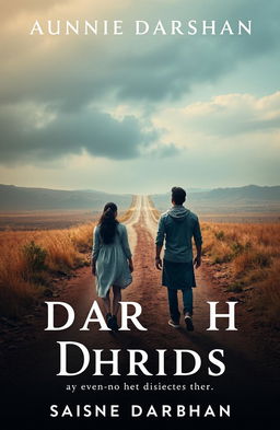 Two paths or roads diverging in the distance, with Aisha and Darshan standing at the crossroads, contemplating their choices