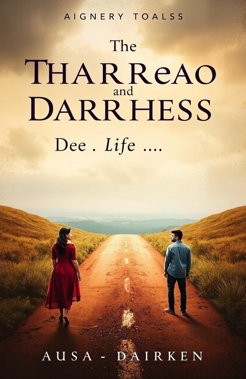 Two paths or roads diverging in the distance, with Aisha and Darshan standing at the crossroads, contemplating their choices