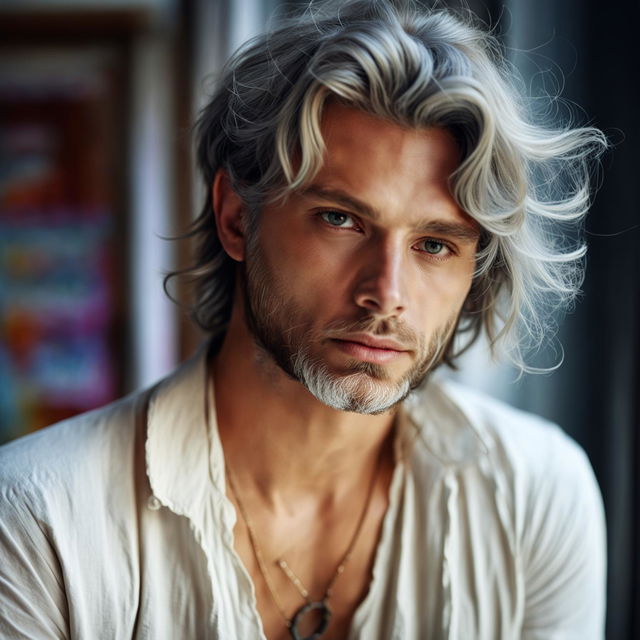 Digital portrait of a fair-skinned man with silver-blonde hair and blue eyes, wearing a white linen shirt against a pastel background