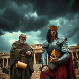 A dramatic scene depicting betrayal in the kingdom of Israel under a dark and stormy sky over the grand palace of Jerusalem