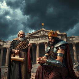 A dramatic scene depicting betrayal in the kingdom of Israel under a dark and stormy sky over the grand palace of Jerusalem