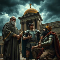 A dramatic scene depicting betrayal in the kingdom of Israel under a dark and stormy sky over the grand palace of Jerusalem