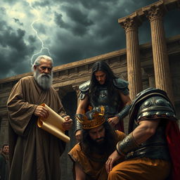 A dramatic scene depicting betrayal in the kingdom of Israel under a dark and stormy sky over the grand palace of Jerusalem