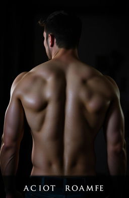 A shirtless man with a muscular build, standing with his back to the camera, exuding a strong masculine presence