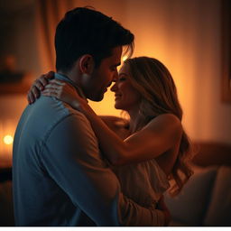 A sensual and intimate scene featuring a couple embracing passionately in a softly lit room