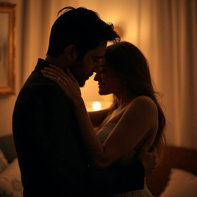 A sensual and intimate scene featuring a couple embracing passionately in a softly lit room