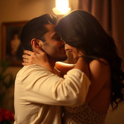 A sensual and intimate scene featuring a couple embracing passionately in a softly lit room