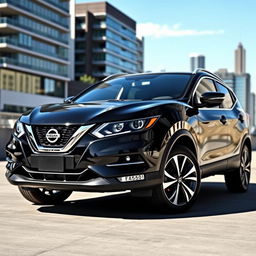 A sleek, full black Nissan Qashqai J11 parked in an urban environment, showcasing its modern lines and stylish design