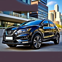 A sleek, full black Nissan Qashqai J11 parked in an urban environment, showcasing its modern lines and stylish design