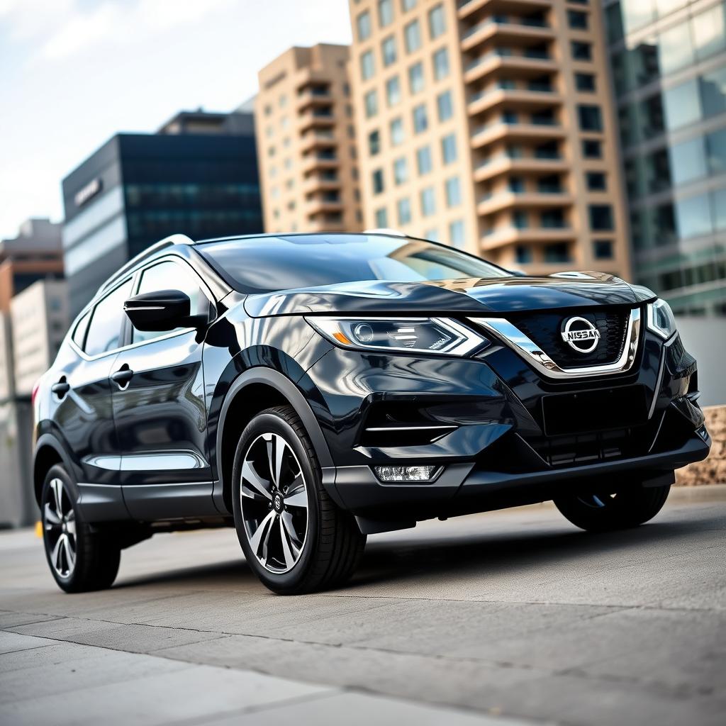 A sleek, full black Nissan Qashqai J11 parked in an urban environment, showcasing its modern lines and stylish design