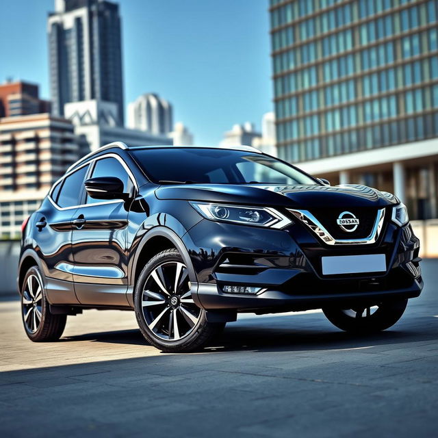 A sleek, full black Nissan Qashqai J11 parked in an urban environment, showcasing its modern lines and stylish design