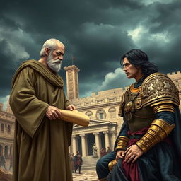 A dramatic scene depicting betrayal in the kingdom of Israel, featuring a dark and stormy sky over the grand palace of Jerusalem, symbolizing internal turmoil