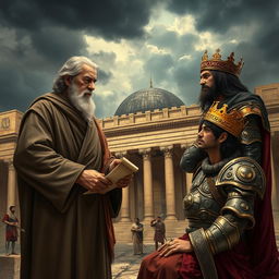 A dramatic scene depicting betrayal in the kingdom of Israel, featuring a dark and stormy sky over the grand palace of Jerusalem, symbolizing internal turmoil