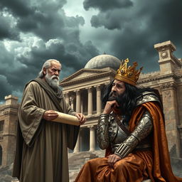A dramatic scene depicting betrayal in the kingdom of Israel, featuring a dark and stormy sky over the grand palace of Jerusalem, symbolizing internal turmoil