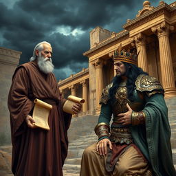 A dramatic scene depicting betrayal in the kingdom of Israel, featuring a dark and stormy sky over the grand palace of Jerusalem, symbolizing internal turmoil