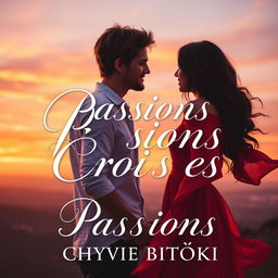 A romantic novel cover for 'Passions Croisées' by Chyvie BITOKI, featuring a picturesque sunset backdrop with soft, warm colors blending orange, pink, and purple hues